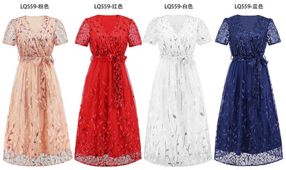 Eveloria Damen Midi Kleid V-Ausschnitt Gürtel Kurzärmelig