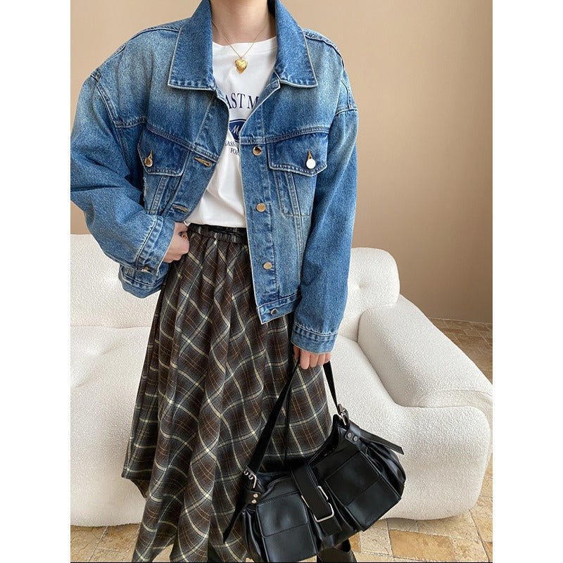 Damen Oversized Jeansjacke mit Taschen Blau Eveloria - Eveloria