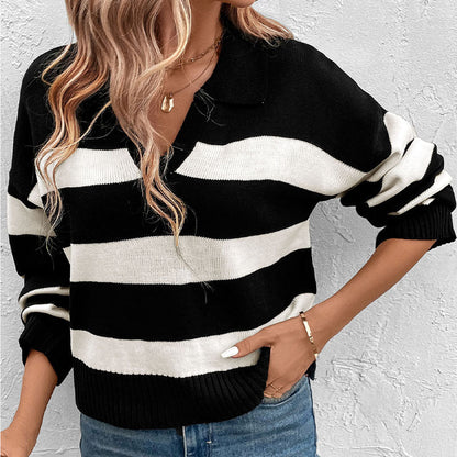 Damen Pullover Gestreift V-Ausschnitt Langärmlig Eveloria