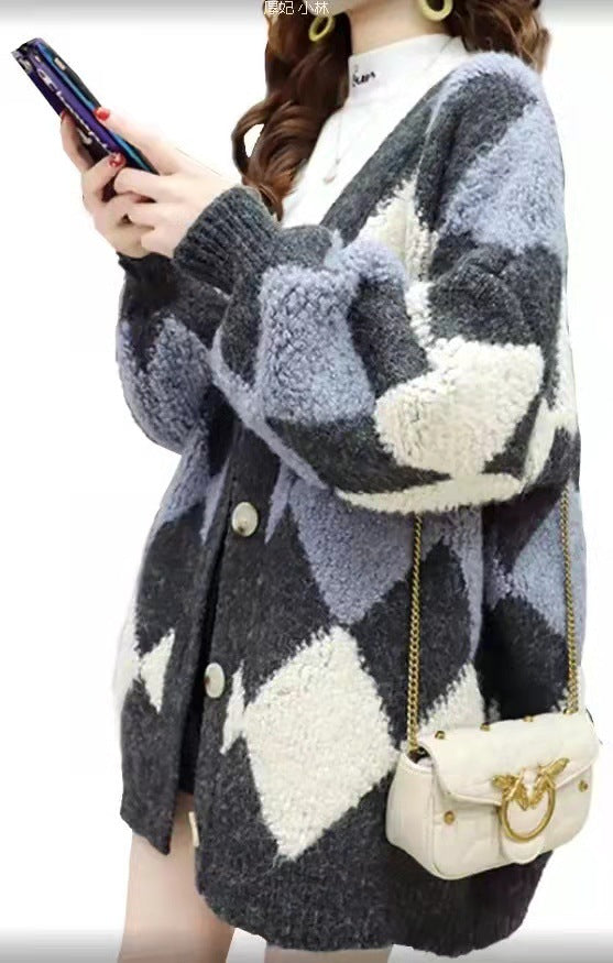 Damen Grobstrickjacke Rautenmuster Komfortschnitt