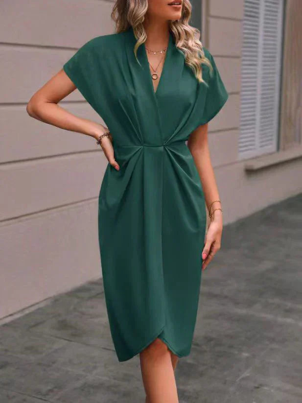 Damen Midikleid V-Ausschnitt Tailliert Kurzärmelig Sommerlich Elegant