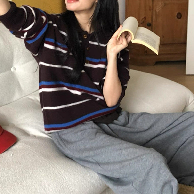 Damen Strickpullover mit Knöpfen und Streifenmuster