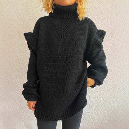 Damen Strickpullover Hohler Kragen Rüschen-Details Eveloria