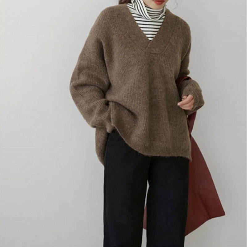 Damen Oversize Pullover V-Ausschnitt Kuschelfleece Beige