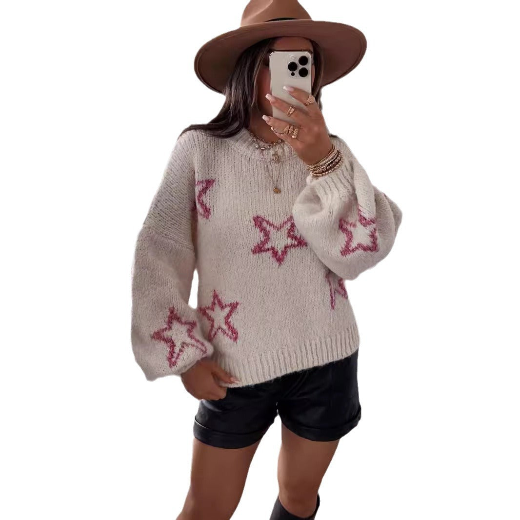 Damen Strickpullover Sternenmotiv Kuschelig Grau Eveloria