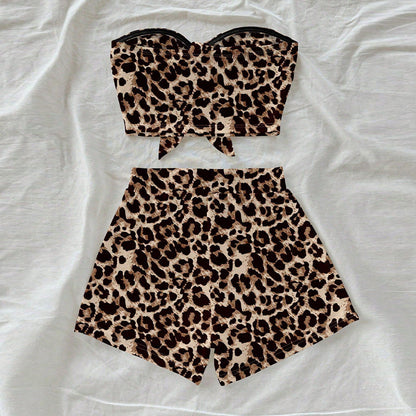 Damen Leopardenmuster Bikini-Set Bandeau-Oberteil Shorty-Shorts