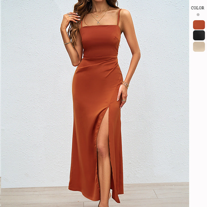 Damen Satin Maxikleid mit hohem Beinschlitz und Spaghettiträgern - Eveloria