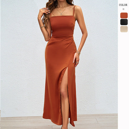 Damen Satin Maxikleid mit hohem Beinschlitz und Spaghettiträgern - Eveloria