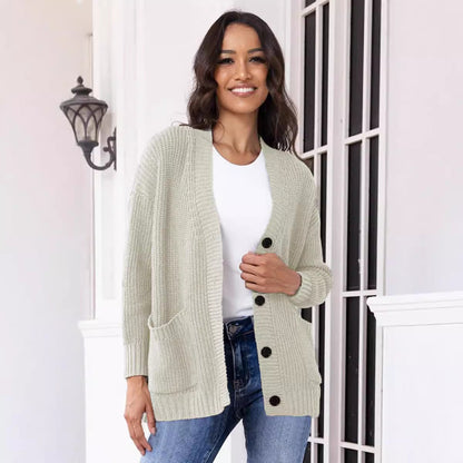 Damen Cardigan Grobstrick mit großen Taschen V-Ausschnitt Beige