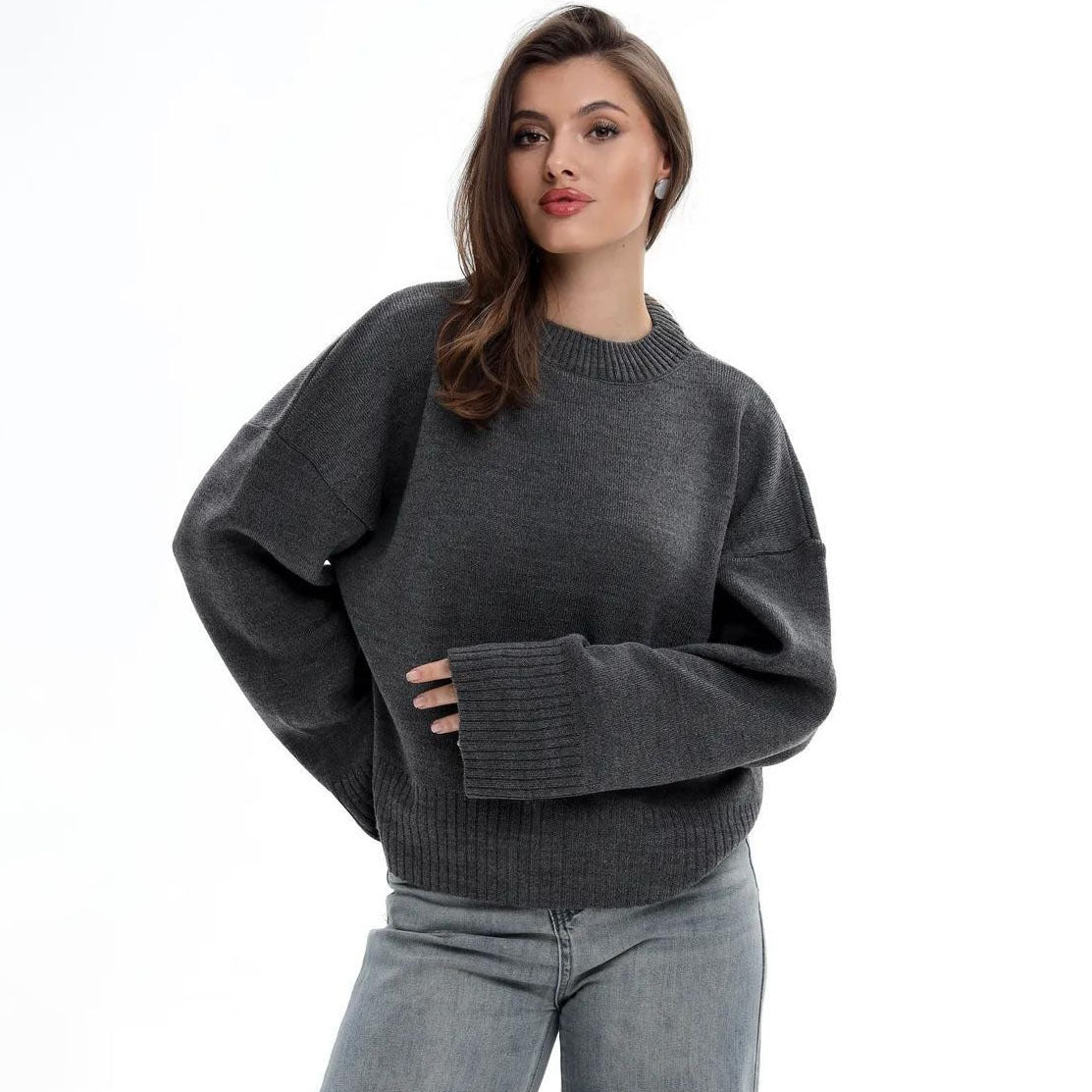 Damen Sweater Weit Schnitt Strukturiertes Maschenbild Beige - Eveloria