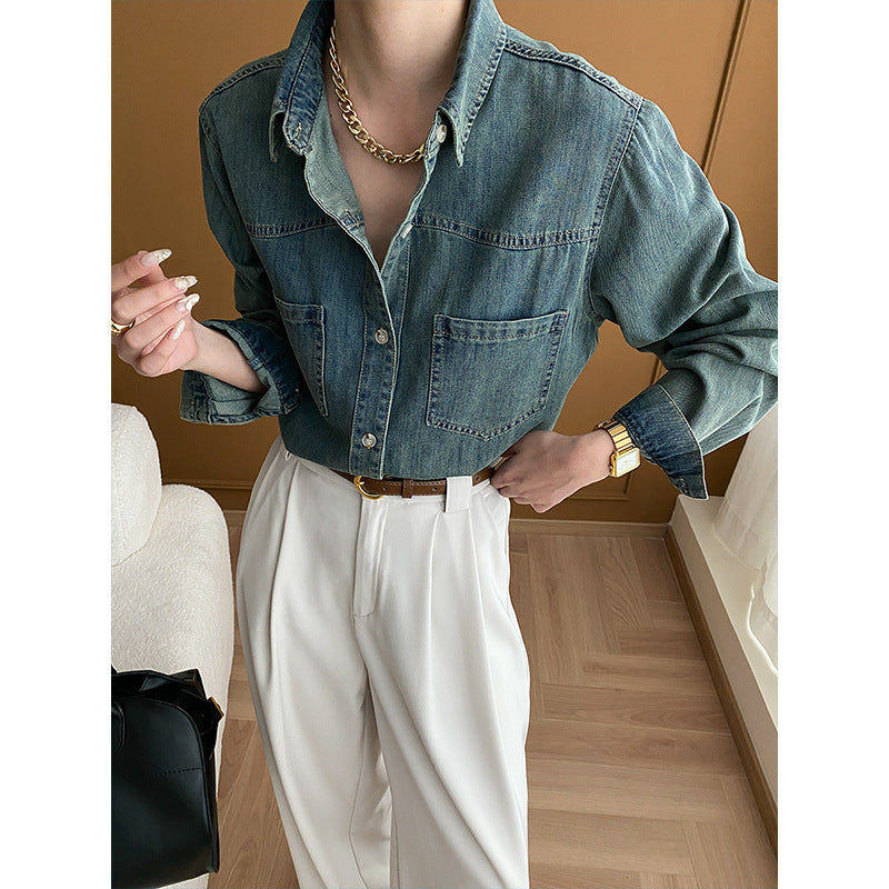 Damen Jeanshemd Lässiger Schnitt Blau