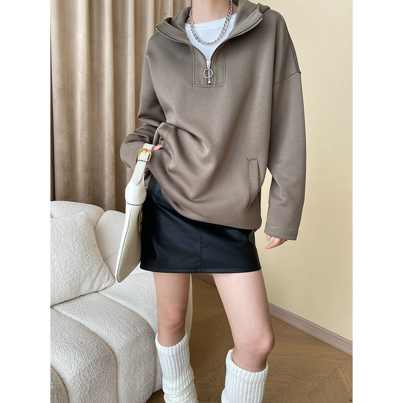 Damen Pulli Hochkragen Reißverschluss Olivgrau
