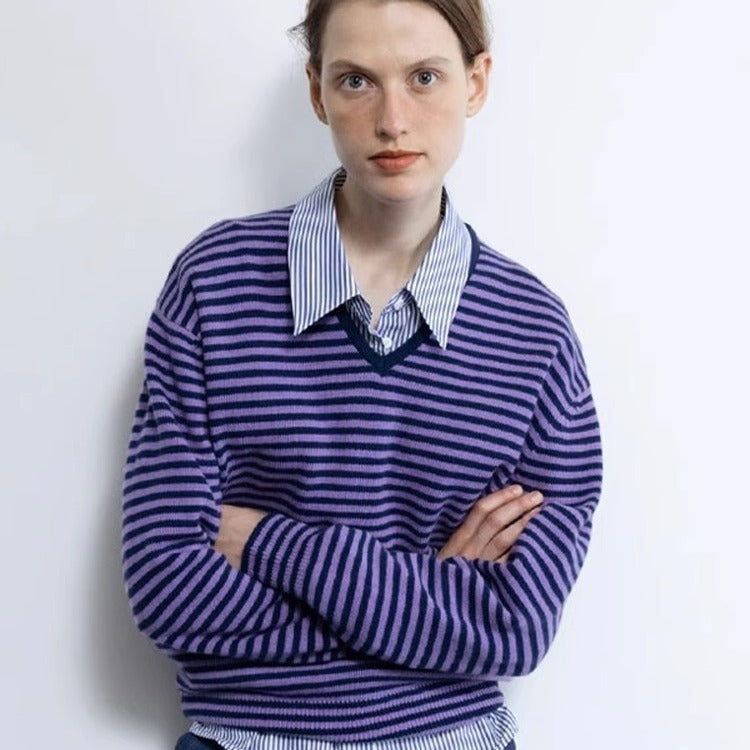 Damen Pullover V-Ausschnitt Streifen Merino Eveloria