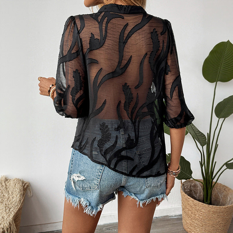 Damen Bluse transparent mit Knöpfen 3/4-Ärmel Eveloria