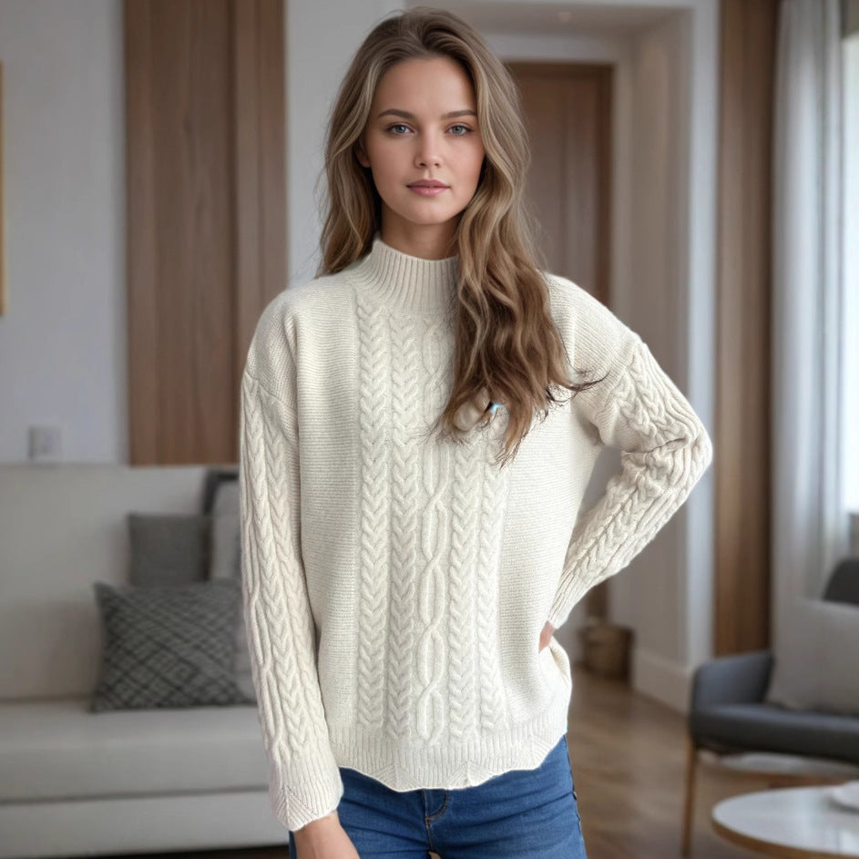 Damen Strickpullover Rundkragen Zopfmuster Eveloria