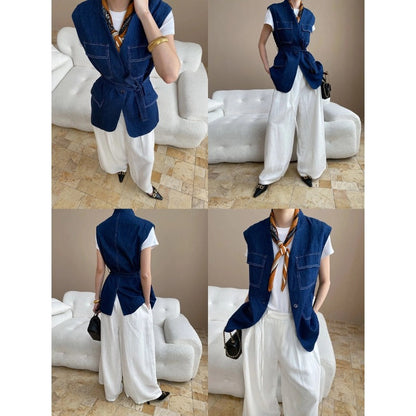 Damen Denimweste Lässig Große Taschen Modischer Schnitt Blau Eveloria