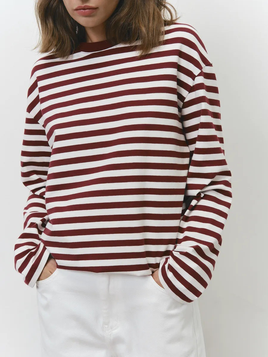 Damen Langarm T-Shirt Streifen Weiss