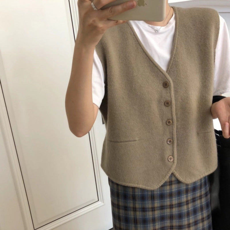 Damen Strickweste Feinripp aus Merino-Wolle mit Knöpfen Beige