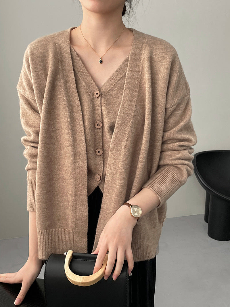 Damen Cardigan Gestrickt V-Ausschnitt Beige