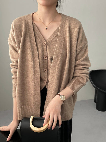 Damen Cardigan Gestrickt V-Ausschnitt Beige