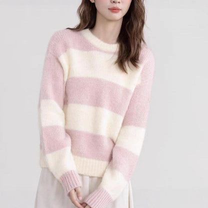 Damen Pullover Streifenmuster Kuschelstoff Beige