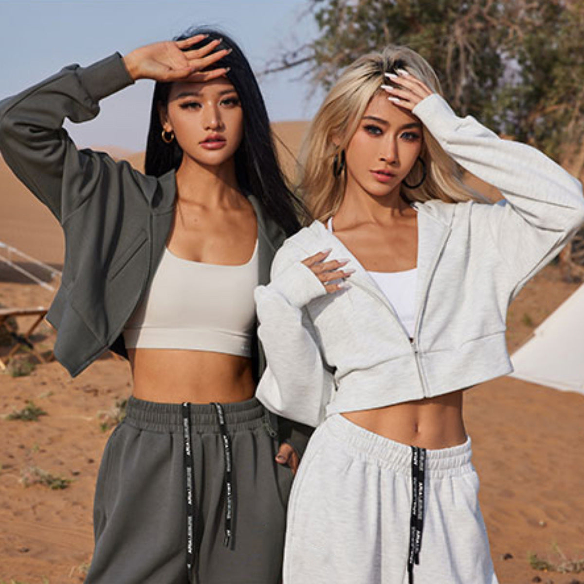Damen Cropped Hoodie Jogginghose Bequem Grau