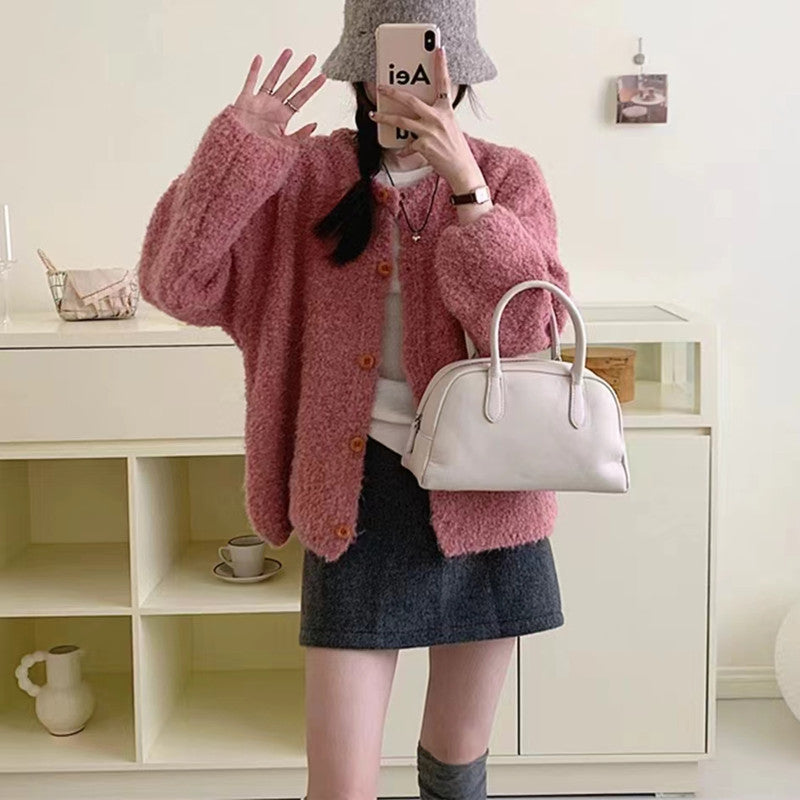 Damen Strickjacke Kuschelig Weit Knöpfe Beige