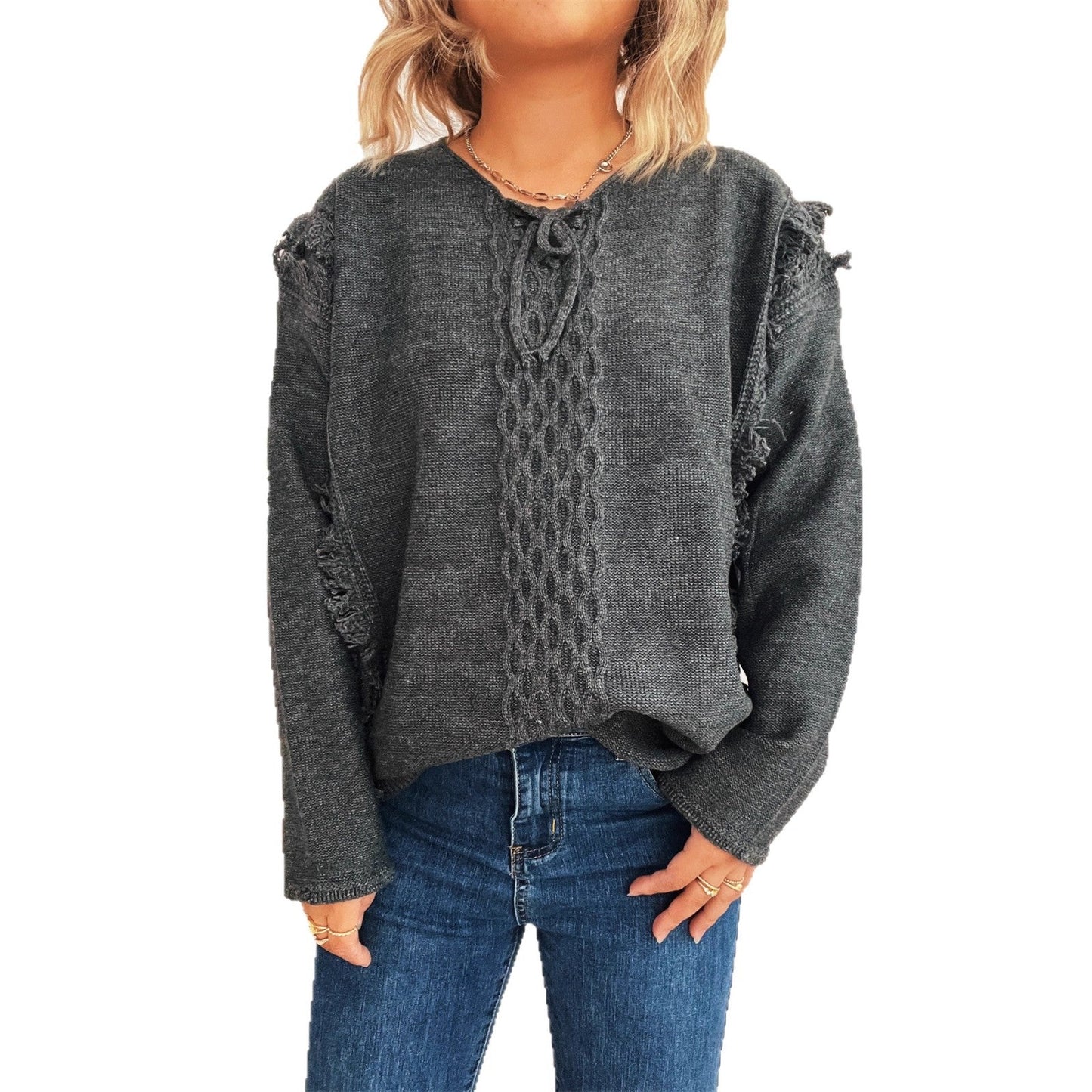 Damen Grobstrickpullover Lässige Fransen Zopfdesign Beige