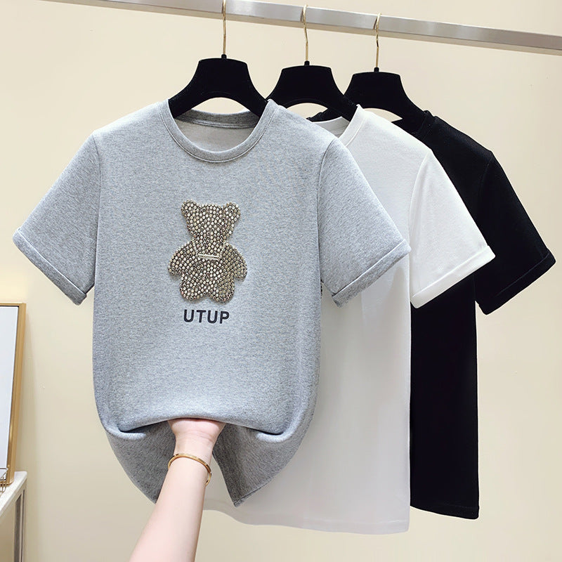 Damen T-Shirt mit Glitzerbärenmotiv Lässiger Schnitt