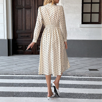 Damen Midi-Kleid Polka-Dot Bindekragen Langärmlig Eveloria