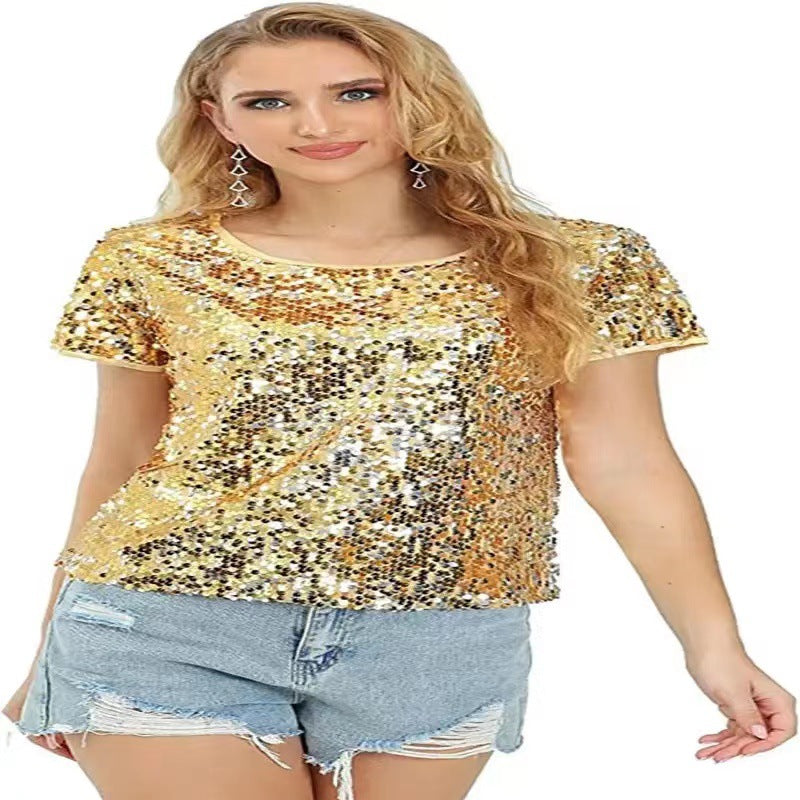 Damen T-Shirt aus Baumwolle mit Pailletten Glitzer Effekt Lässig