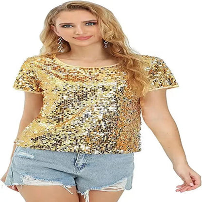 Damen T-Shirt aus Baumwolle mit Pailletten Glitzer Effekt Lässig
