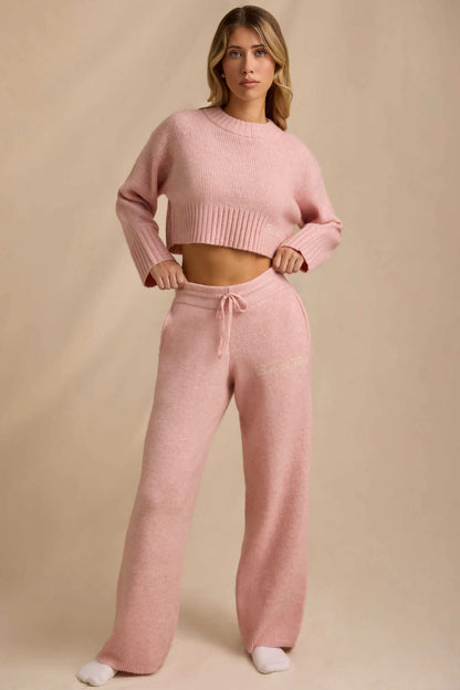Damen Strick-Set Cropped Pullover Weite Hose Beige
