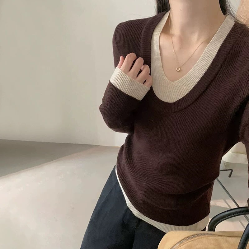Damen Feinstrickpullover V-Ausschnitt Kontrastbündchen