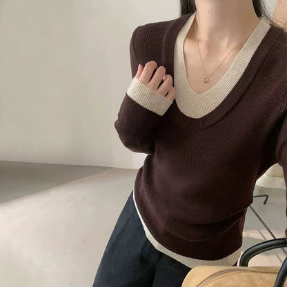 Damen Feinstrickpullover V-Ausschnitt Kontrastbündchen