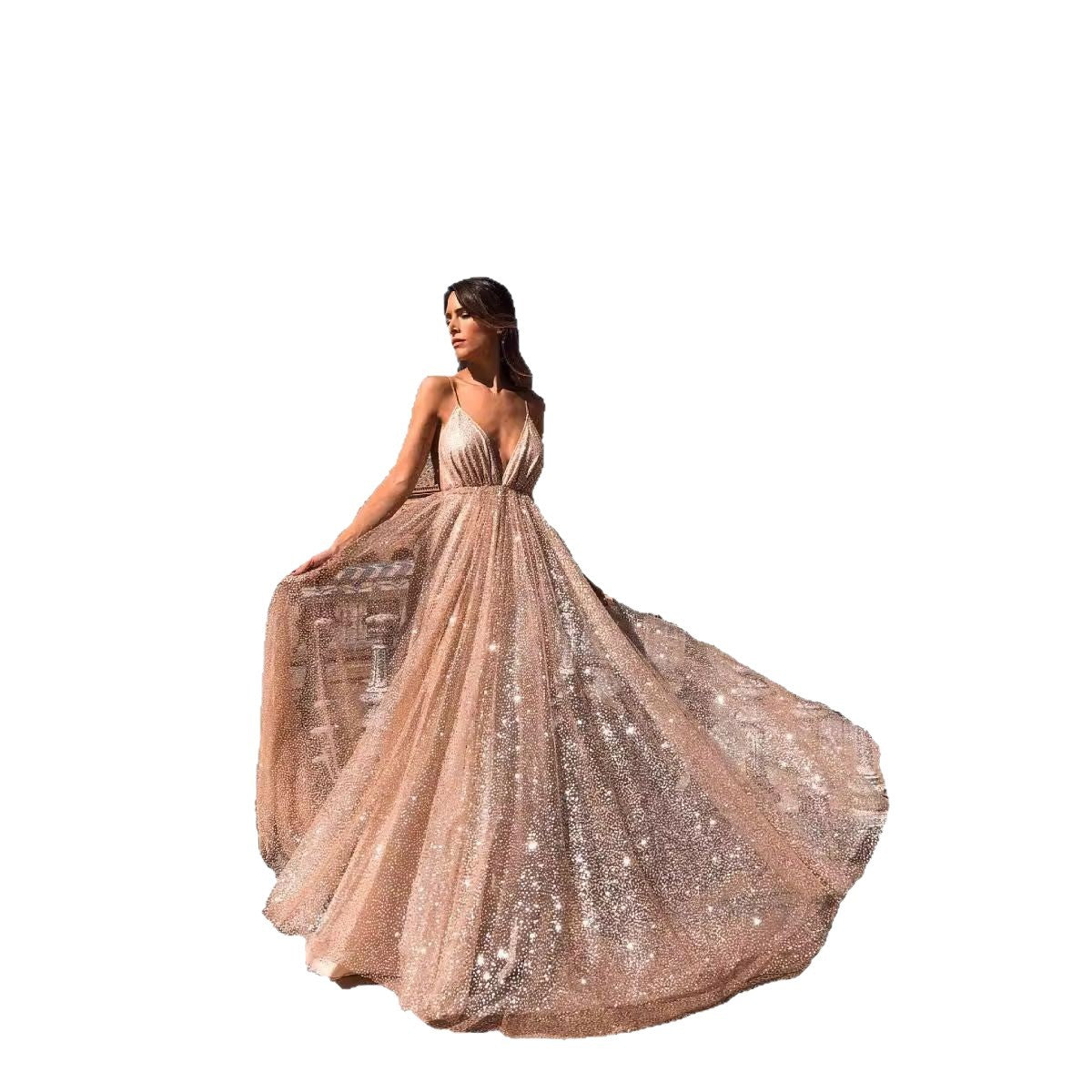 Damen Abendkleid Tüll V-Ausschnitt Schimmernd Eveloria