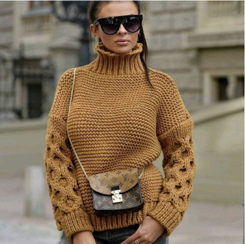 Damen Strickpullover Hochkragen Pompönärmel Eveloria