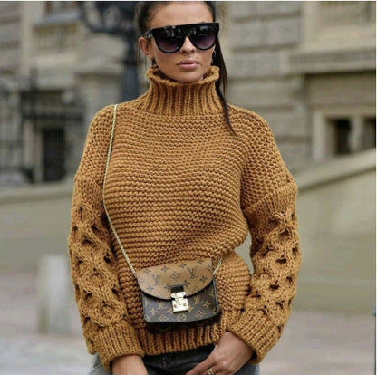 Damen Strickpullover Hochkragen Pompönärmel Eveloria