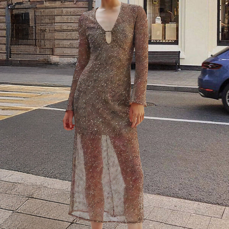 Damen Paillettenkleid mit V-Ausschnitt und langen Ärmeln Eveloria