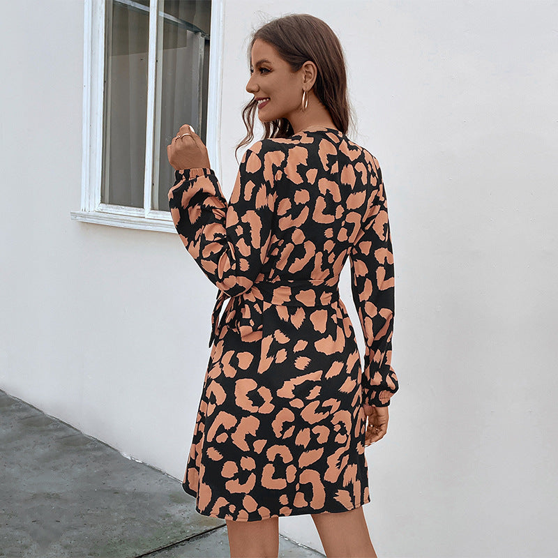 Damen Wickelkleid Leopardenmuster Elegantes Raffung