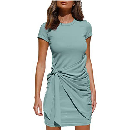 Damen Wickelkleid Kurzarm Raffung Knoten Detail Eveloria