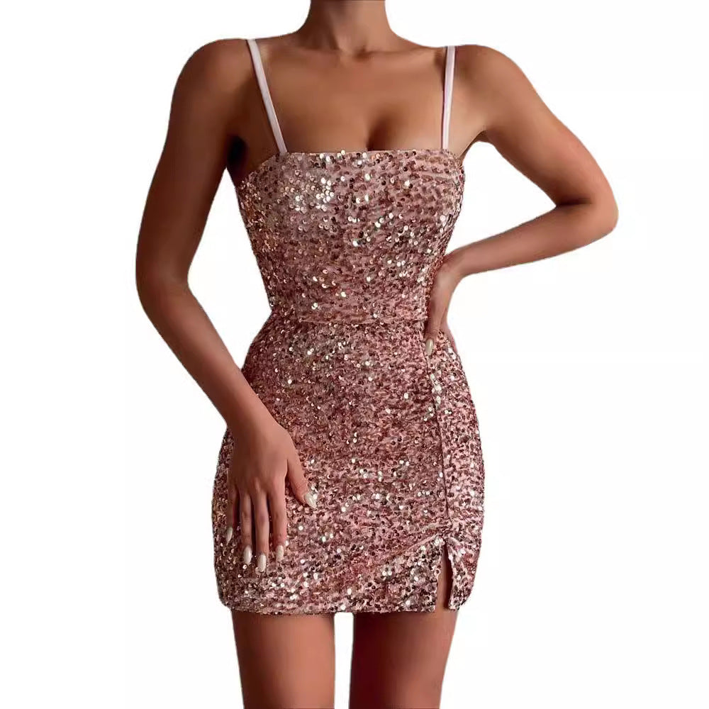Damen Pailletten-Kleid mit Schlitzen und Spaghetti-Trägern Eveloria