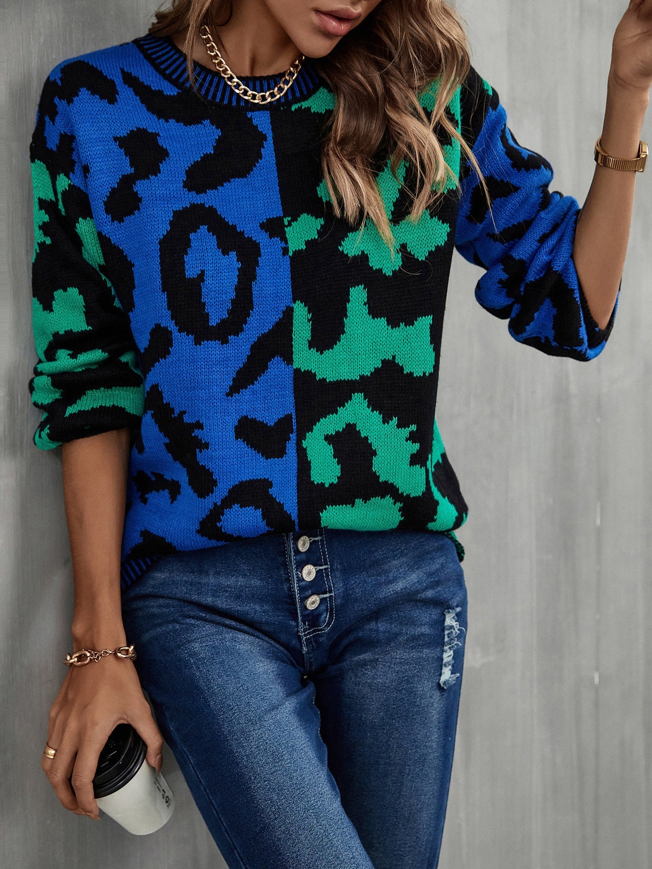 Damen Pullover Leo-Muster Farbenfroh Eveloria