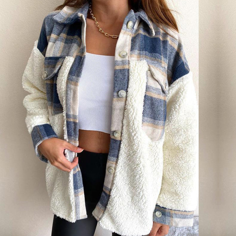 Damen Fleecejacke Karomuster Lässiger Schnitt Grau