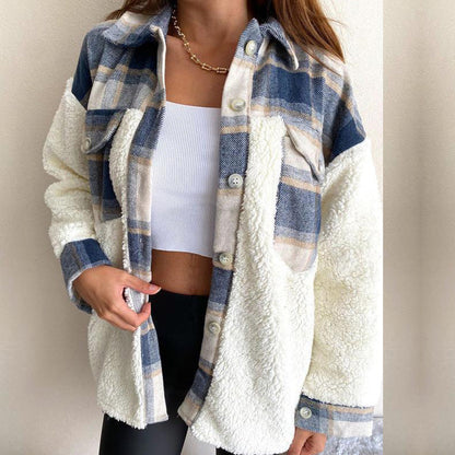 Damen Fleecejacke Karomuster Lässiger Schnitt Grau