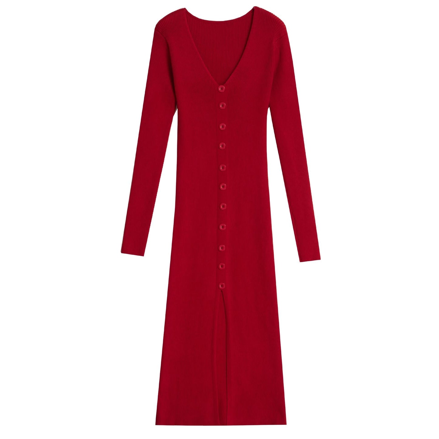 Damen Langarm Strickkleid V-Ausschnitt Durchgehende Knopfleiste