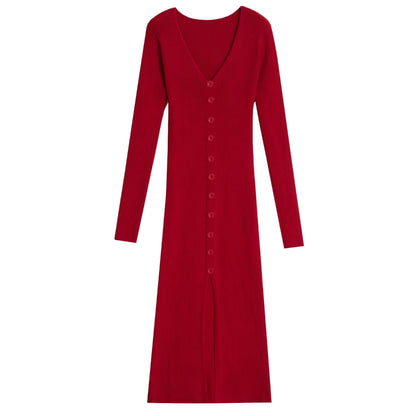 Damen Langarm Strickkleid V-Ausschnitt Durchgehende Knopfleiste