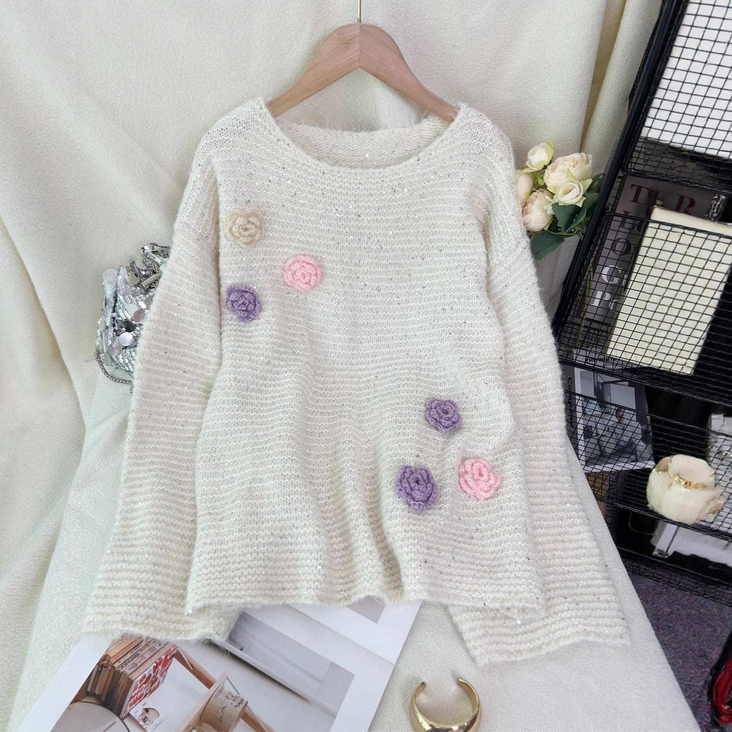 Damen Strickpullover Florales 3D-Design Eveloria - Eveloria