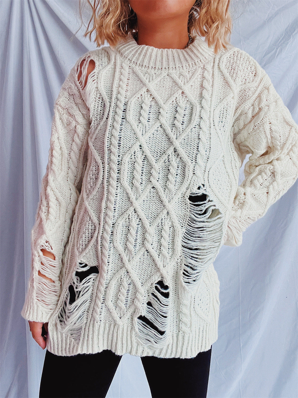 Damen Oversized Pullover Strukturiertes Zopfmuster Fransen Beige