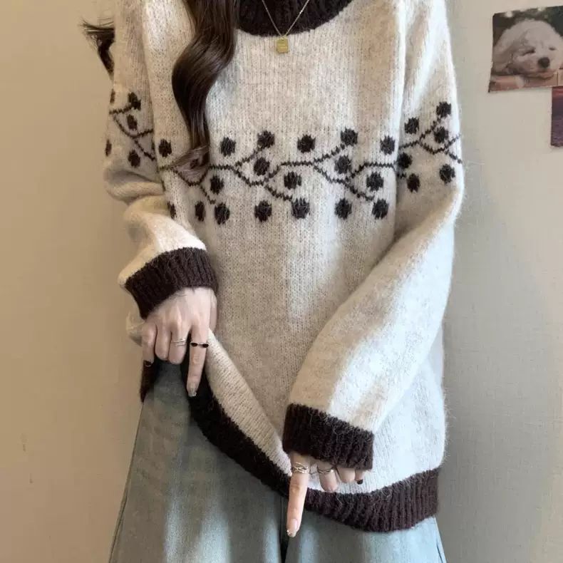 Damen Strickpullover Weich Floralmuster Kontrastspitzen